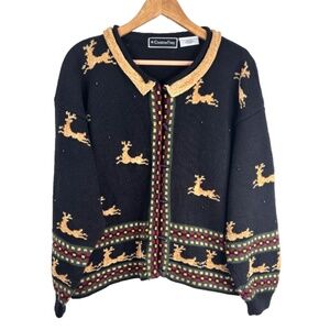 VTG 90s Christine Foley Christmas Cardigan Sweater 2 Black Reindeer Fair Isle